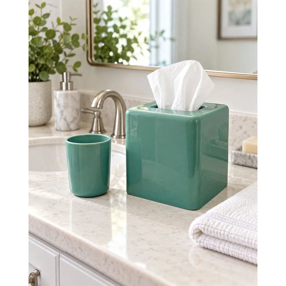 Vintage Hygiene Industries Seafoam Green Tissue Box Cover Tumbler MCM Set